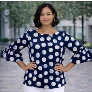 Ann Taylor Navy White Polka Dot Ruffle Sleeve Straight Office Blouse Size XL
